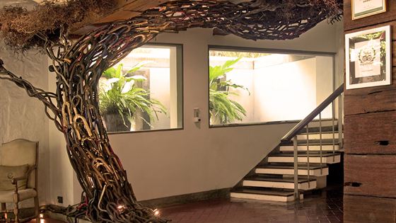 The tree sculpted from bicycle parts rising past a staircase inside Colombo Court, lit blue from the windows behind it.