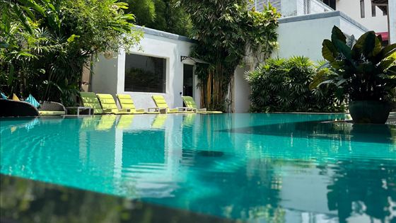 The pool at Colombo Court, bright turquoise between white walls with loungers and dense planting on both sides.