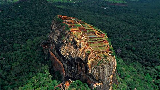 Sigiriya rock rising from dense green forest, the ruins of the palace on its flat summit.