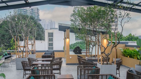 The rooftop terrace at Colombo Court in the evening, planted beds and low seating with the buildings of Colombo 3 beyond the rail.