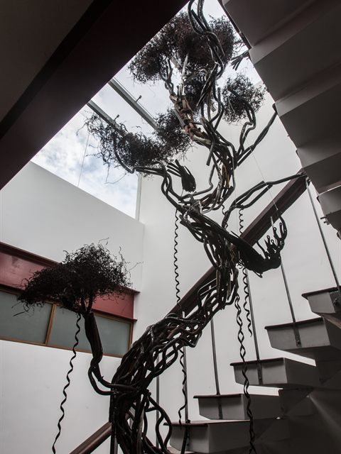The sculptural steel tree in the atrium at Colombo Court, seen from below against a white wall.
