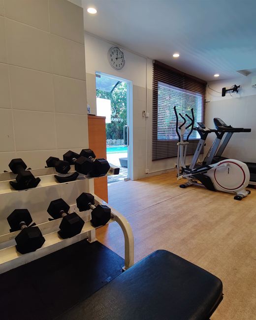 The gym at Colombo Court, a rack of dumbbells in front of cardio machines and a window to the garden.
