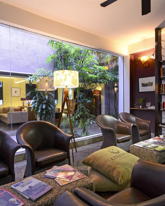Leather armchairs in the library at Colombo Court, magazines spread across a low table beside the shelves.