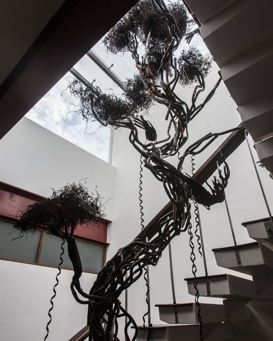 A closer view of the steel sculpture, birds and leaves cut from offcuts of scrap metal.