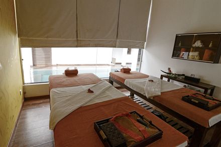 The double treatment room at The Court Spa, two beds side by side.